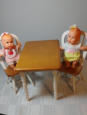 Miniature Wooden Dining Table and 2 Chairs Set With 2 Baby Gerber Dolls